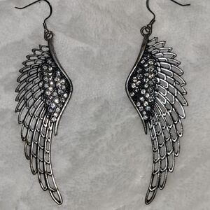 Heavenly Silver Distressed Angel Wing Vintage Earrings With Rhinestones